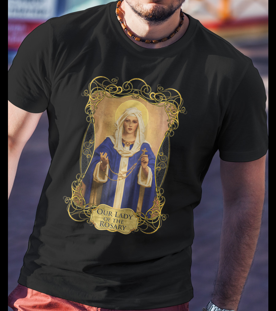 Our Lady Of The Rosary Catholic Prayer Blessed Virgin Mary Icon With Rosary Beads And Cross T-Shirt