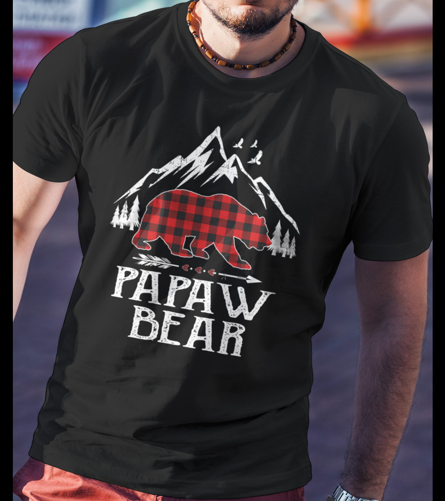 Papaw Bear Christmas Red Plaid Buffalo Mountain Scene T-Shirt
