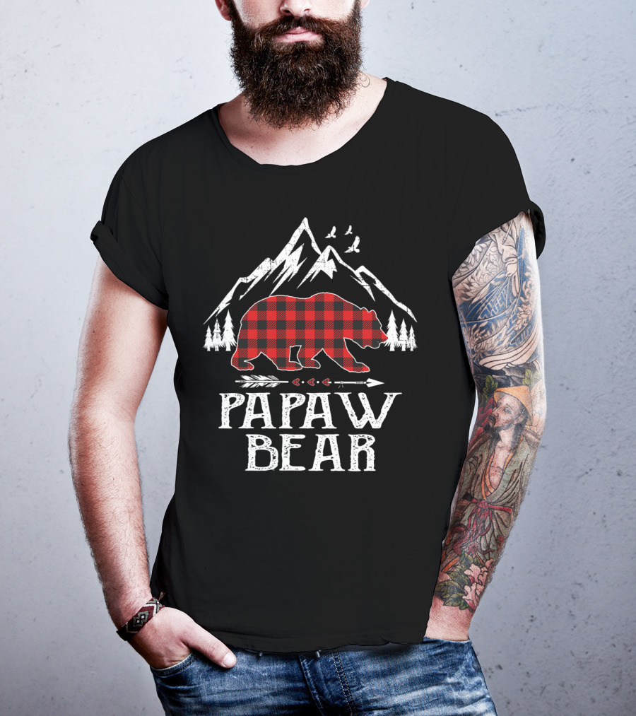 Papaw Bear Christmas Red Plaid Buffalo Mountain Scene T-Shirt