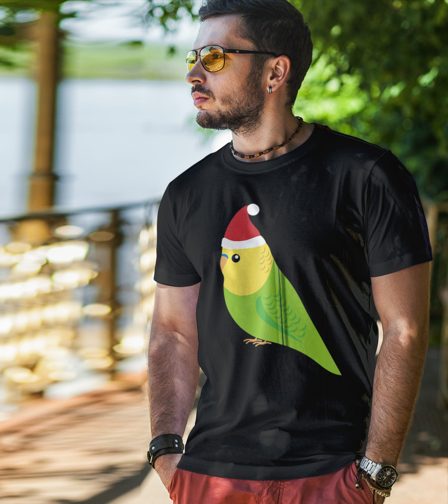 Parakeet Christmas Cute Budgie Bird Santa Hat T-Shirt