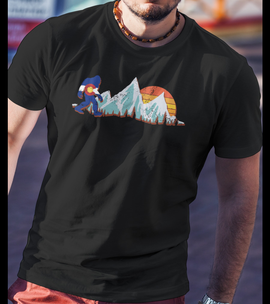 Colorado Flag Bigfoot Silhouette Mountain Scene With Sunset T-Shirt