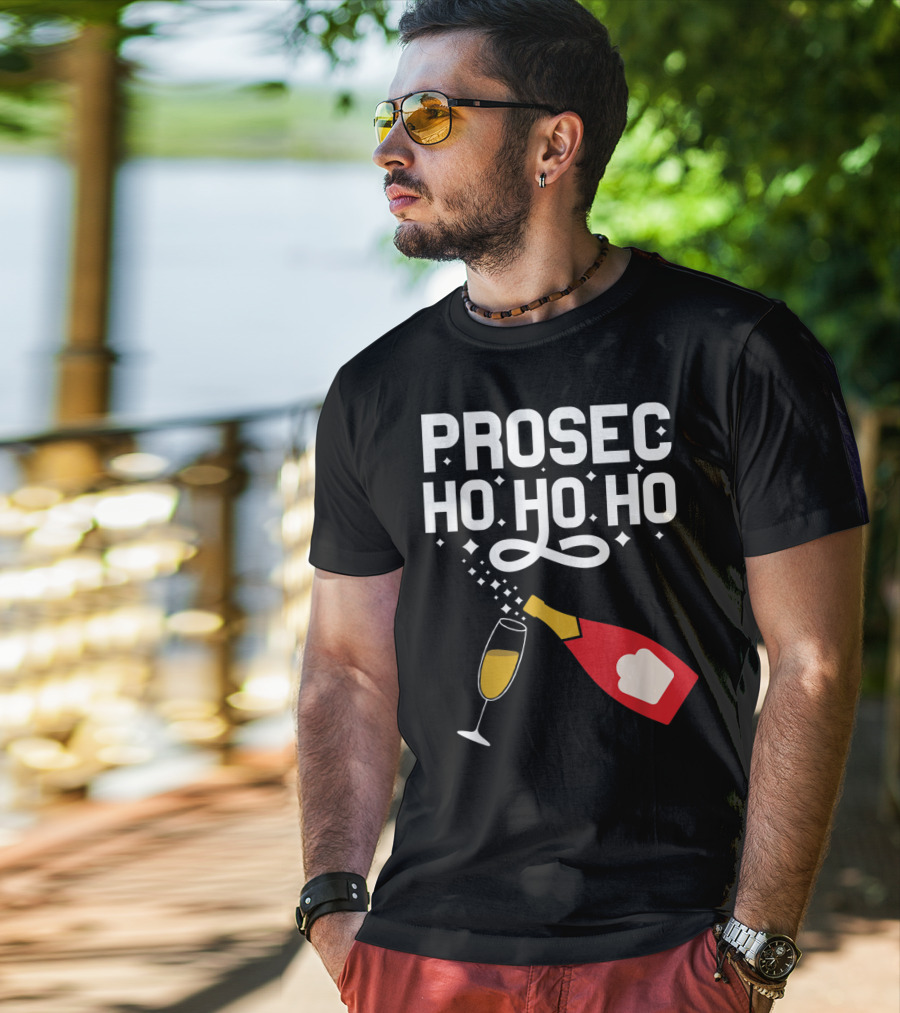 Prosecco Ho Ho Ho Funny Christmas Wine Bottle And Glass T-Shirt