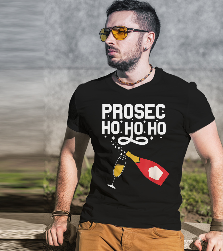 Prosecco Ho Ho Ho Funny Christmas Wine Bottle And Glass T-Shirt