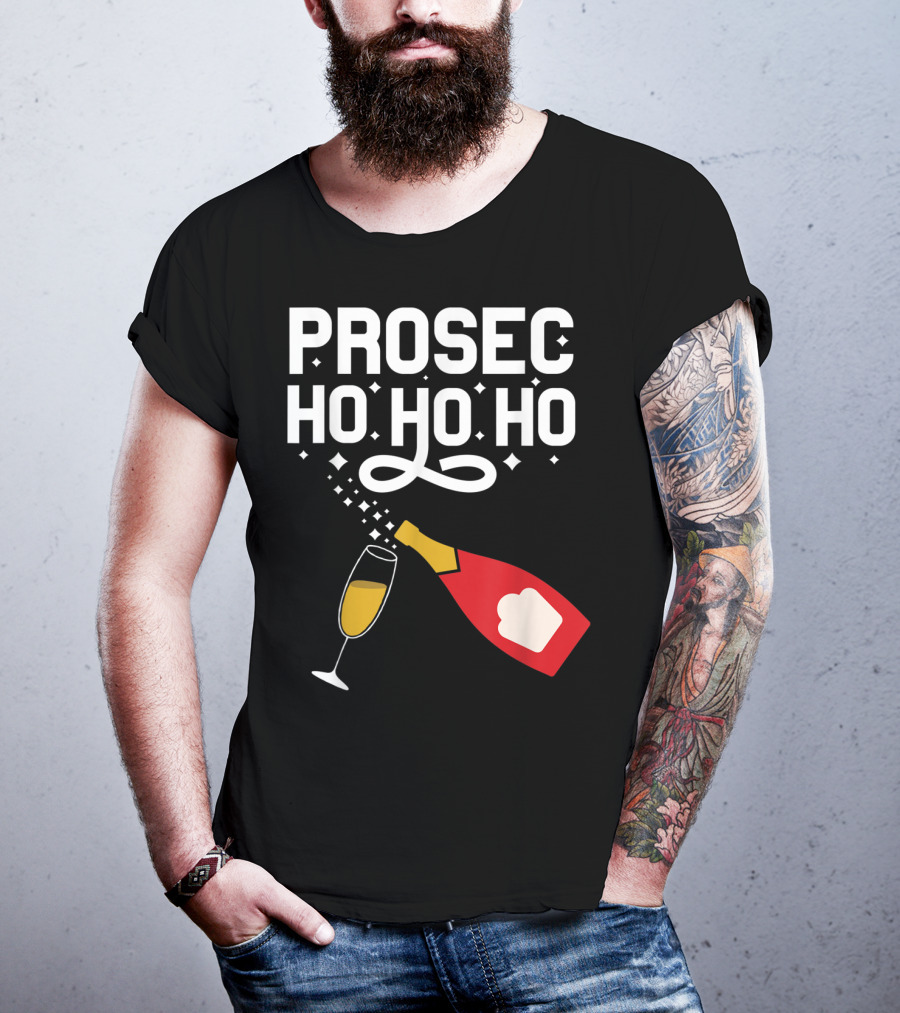 Prosecco Ho Ho Ho Funny Christmas Wine Bottle And Glass T-Shirt