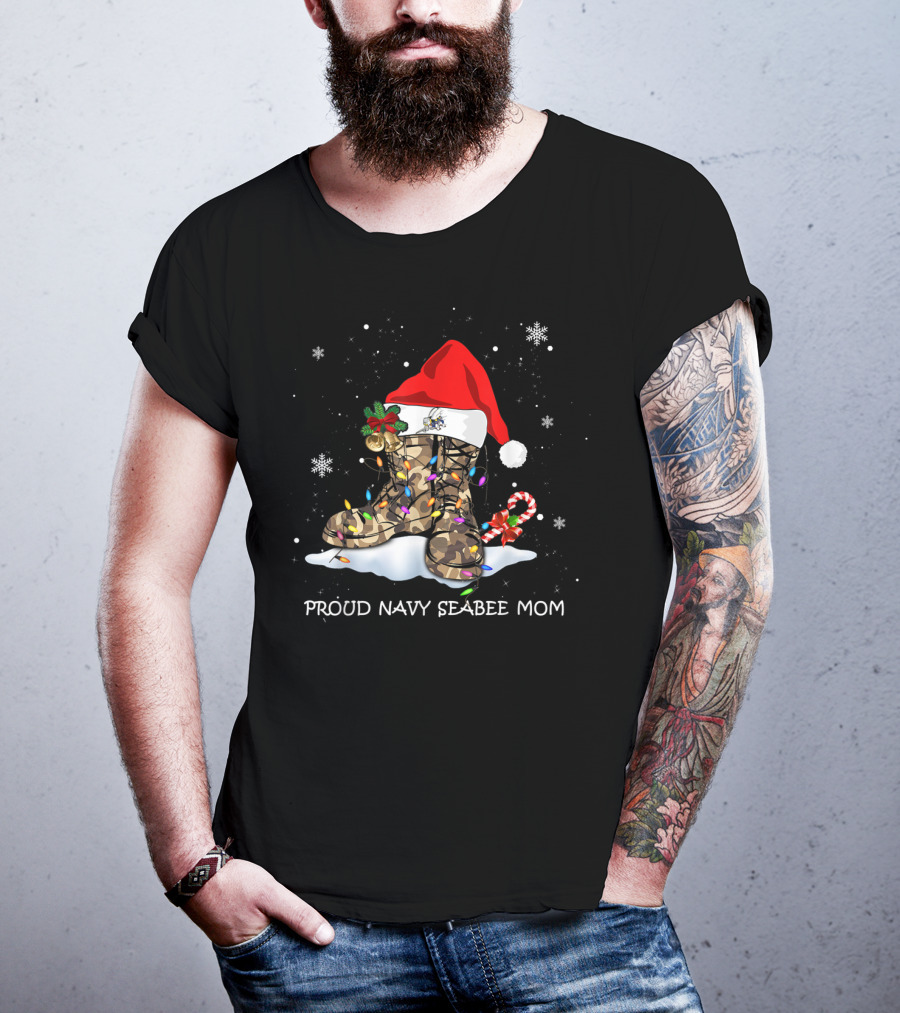 Proud Navy Seabee Mom Christmas Boots With Santa Hat And Candy Cane T-Shirt