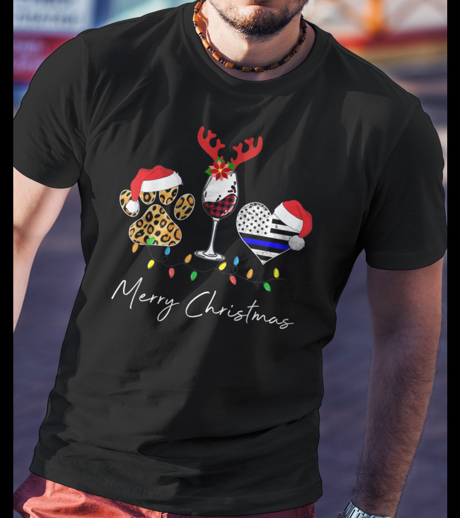 Red Plaid Wine Glass Leopard Dog Paw Blue Line Heart Merry Christmas T-Shirt