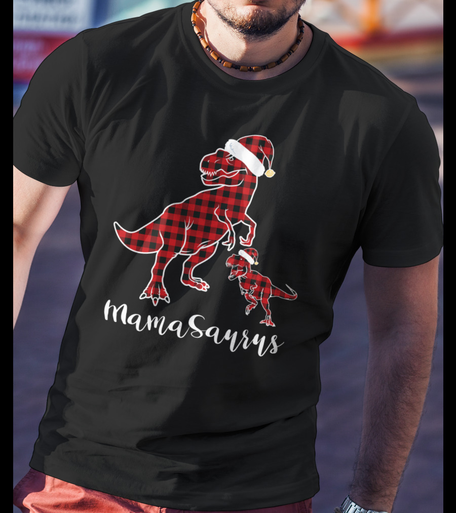 Mamasaurus Red Plaid Santa Hat Buffalo Family T-Shirt