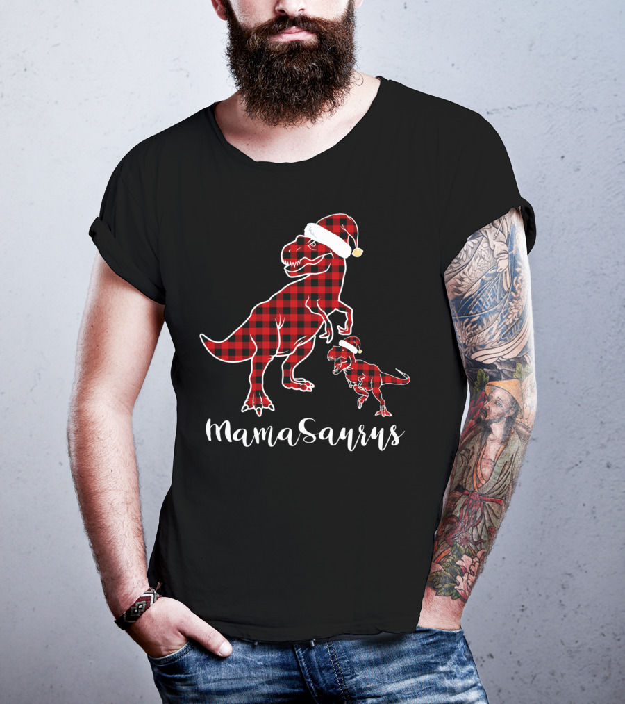Mamasaurus Red Plaid Santa Hat Buffalo Family T-Shirt