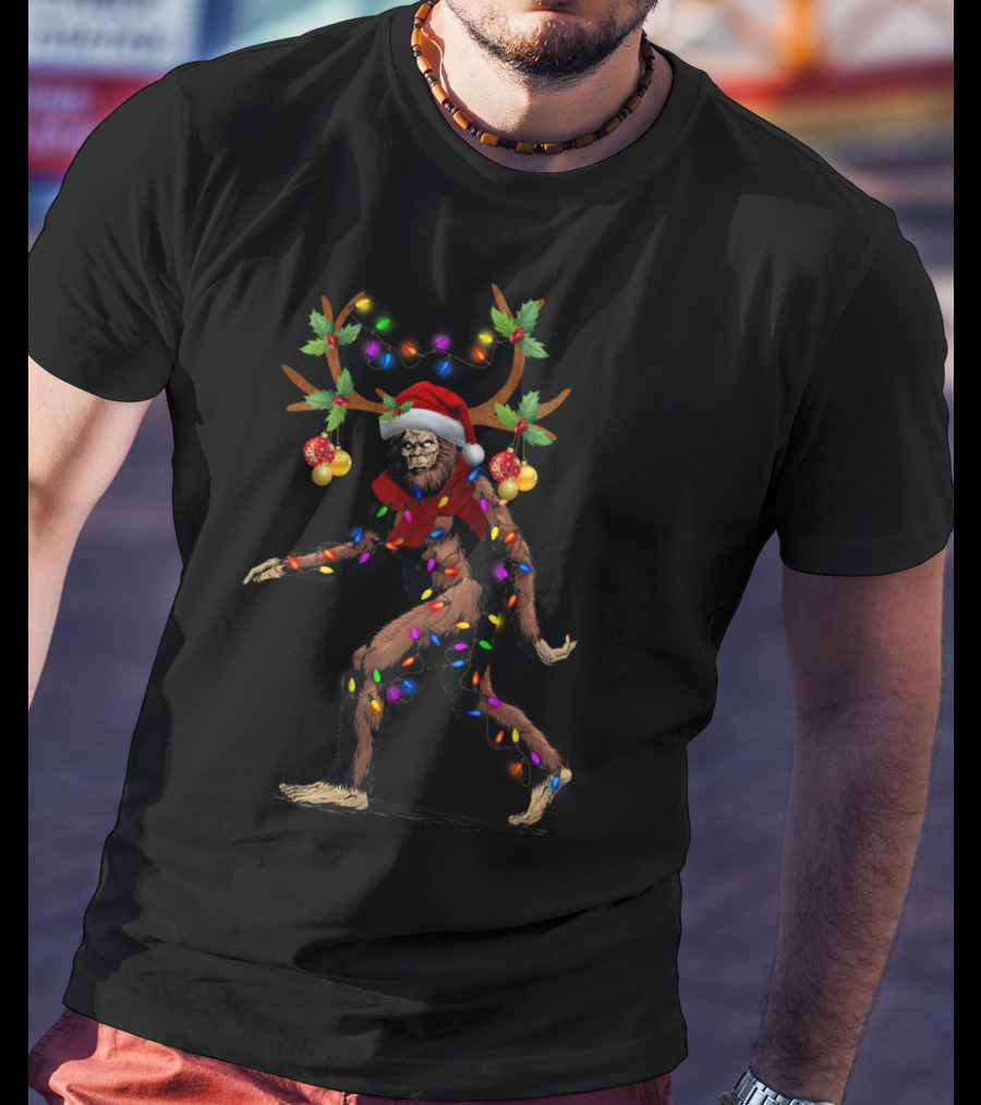 Santa Bigfoot Sasquatch Reindeer Festive Lights T-Shirt