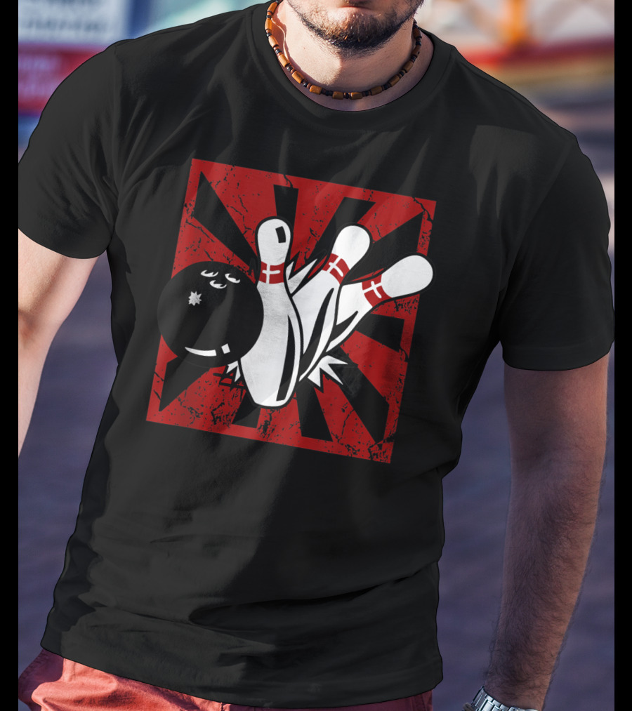 Retro Vintage Bowling Funny Striking Bowler Bowl Pins Explosion T-Shirt