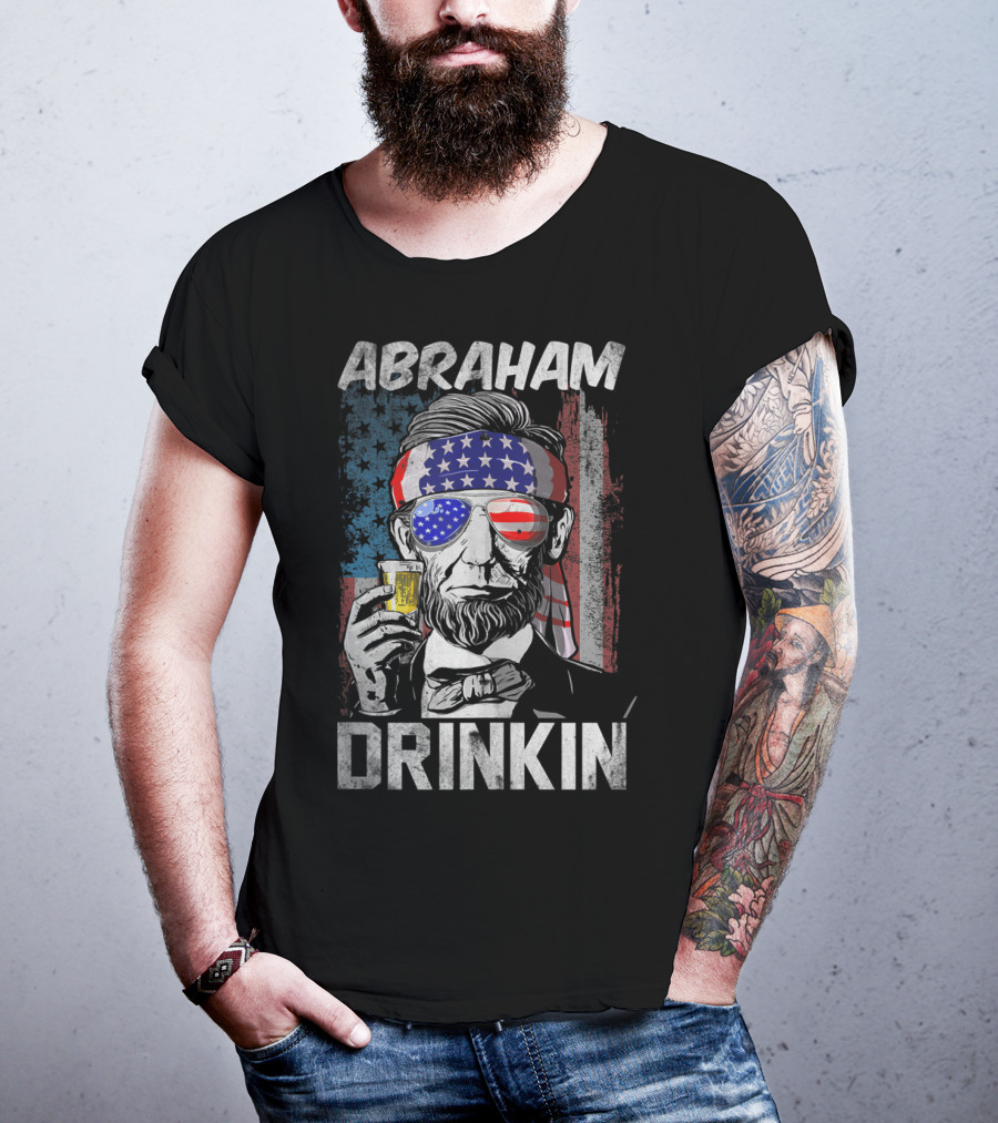 Abraham Drinkin Funny Abe Lincoln Merica USA Flag Bandana Sunglasses Beer T-Shirt