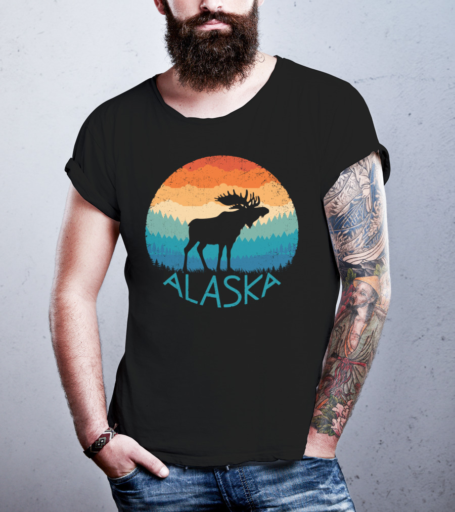 Alaska Retro Moose Vintage Mountain State Sunset Scene T-Shirt