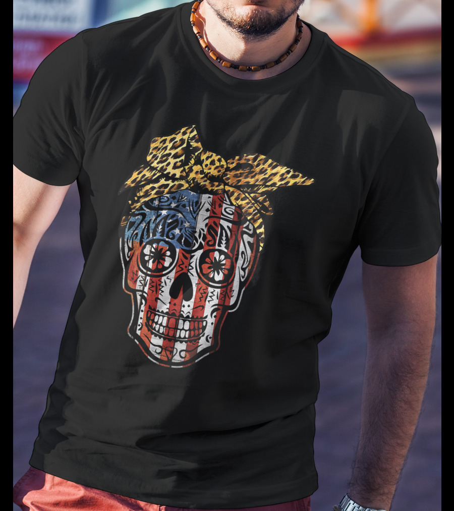 American Sugar Skull With Patriotic Stripes And Leopard Print Bow Fourth Of July T-Shirt