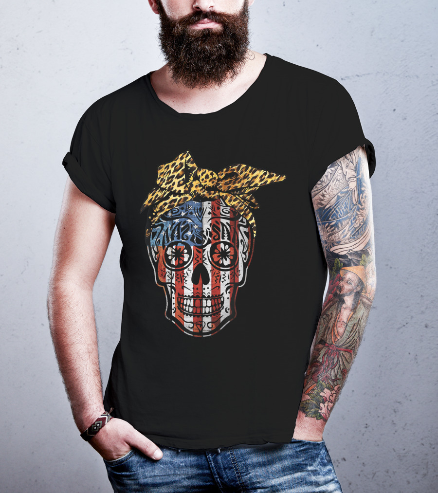 American Sugar Skull With Patriotic Stripes And Leopard Print Bow Fourth Of July T-Shirt