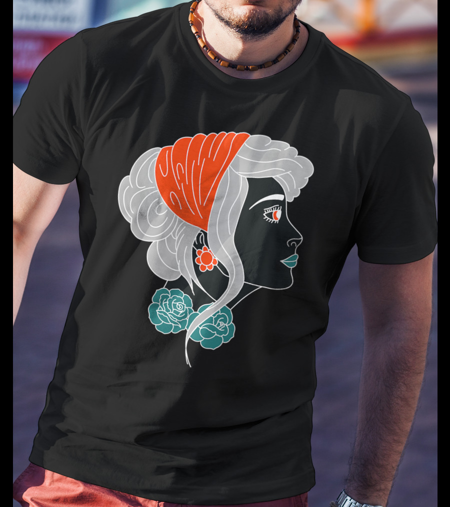 American Traditional Tattoo Gypsy Woman With Orange Headscarf And Roses T-Shirt