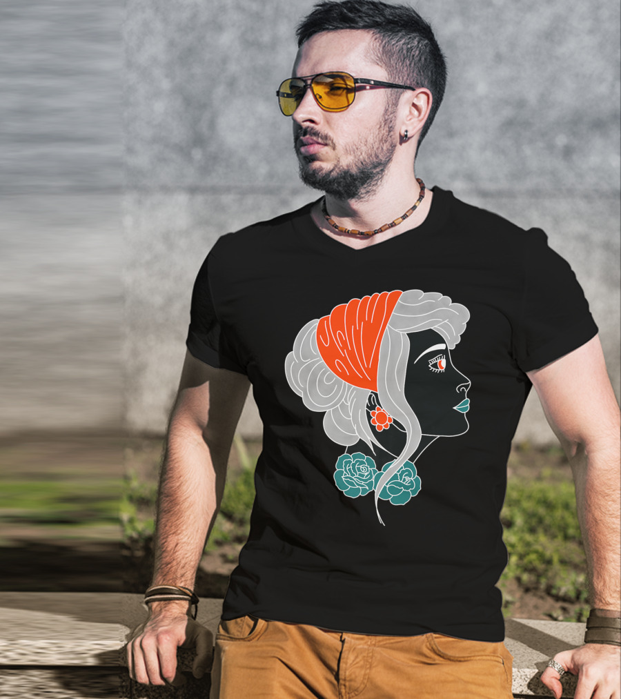 American Traditional Tattoo Gypsy Woman With Orange Headscarf And Roses T-Shirt