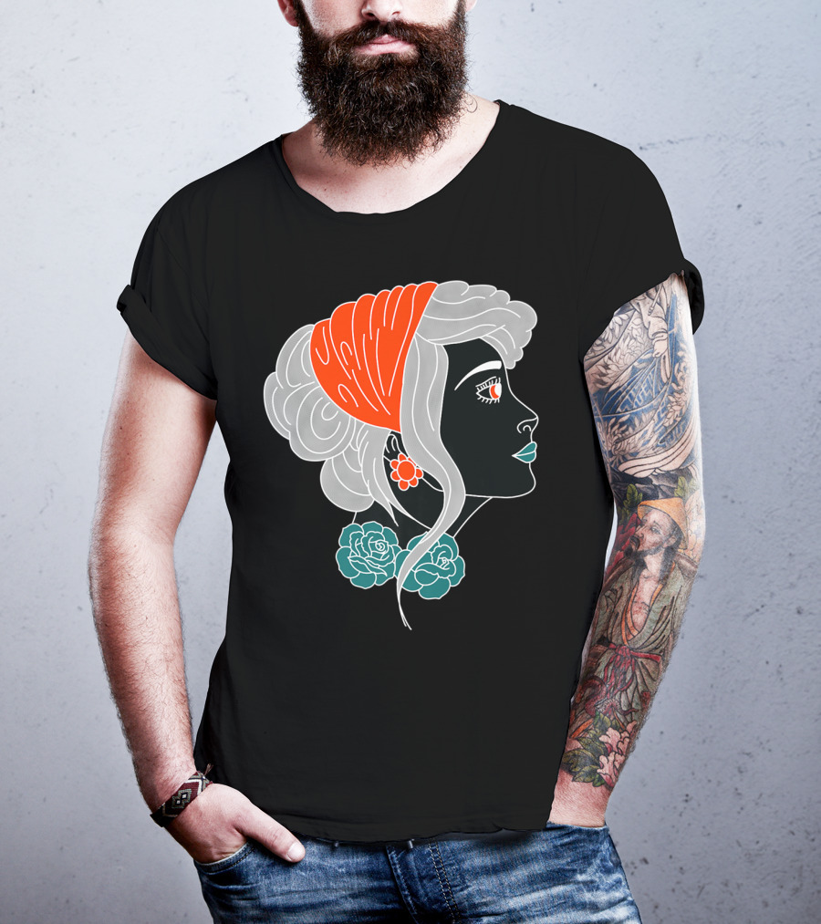 American Traditional Tattoo Gypsy Woman With Orange Headscarf And Roses T-Shirt