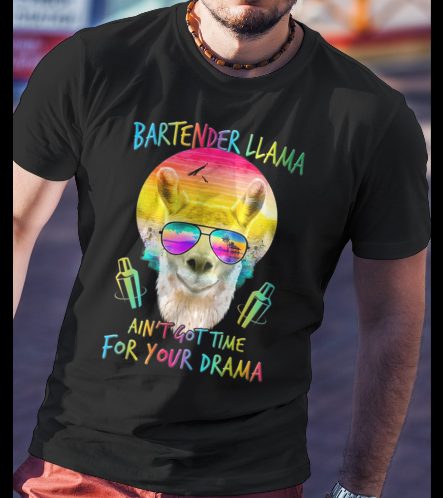 Bartender Llama Ain't Got Time For Your Drama Retro Sunset Vibes T-Shirt