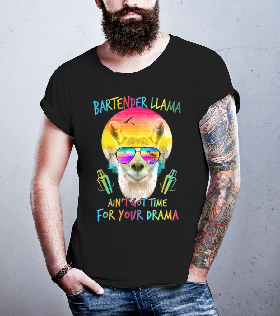 Bartender Llama Ain't Got Time For Your Drama Retro Sunset Vibes T-Shirt