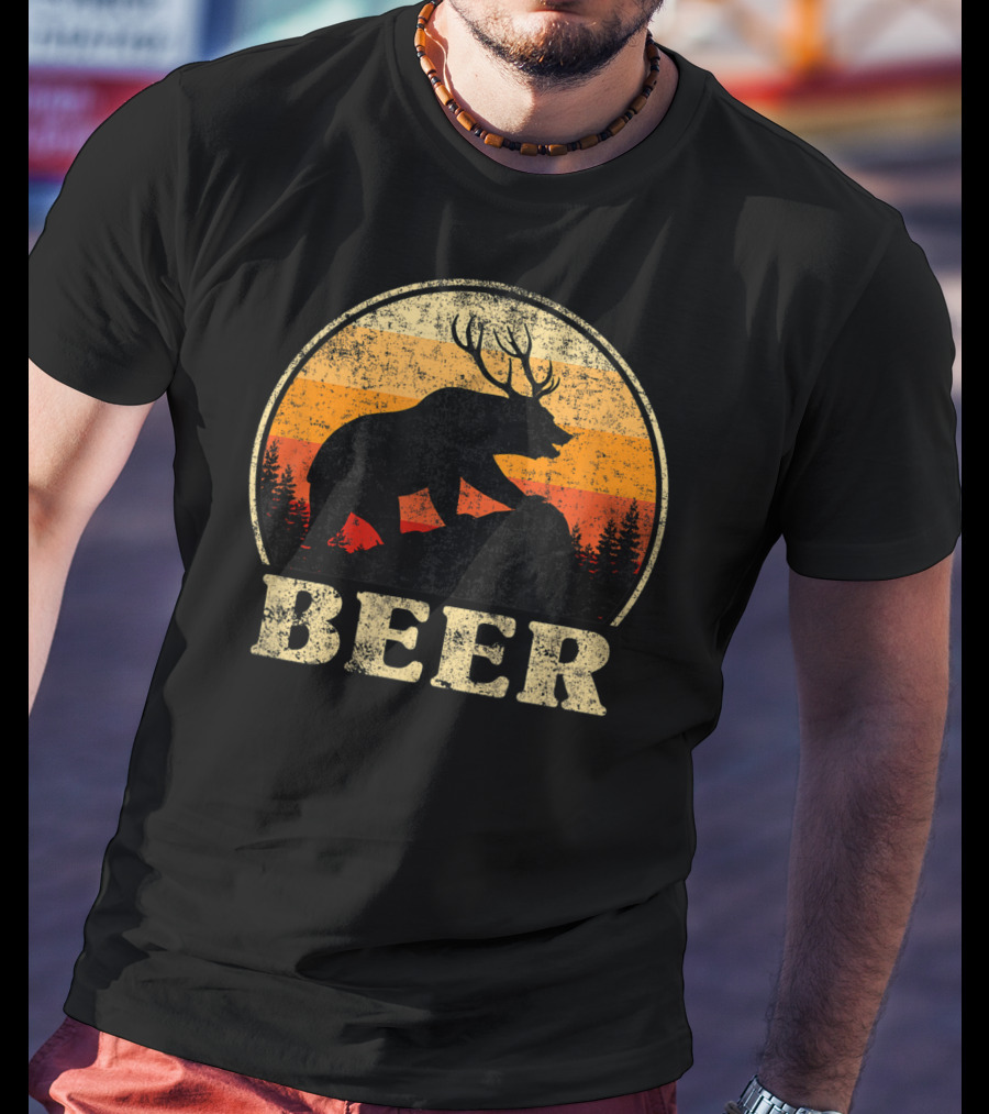 Bear Deer Beer Retro Vintage Silhouette Forest Sunset T-Shirt