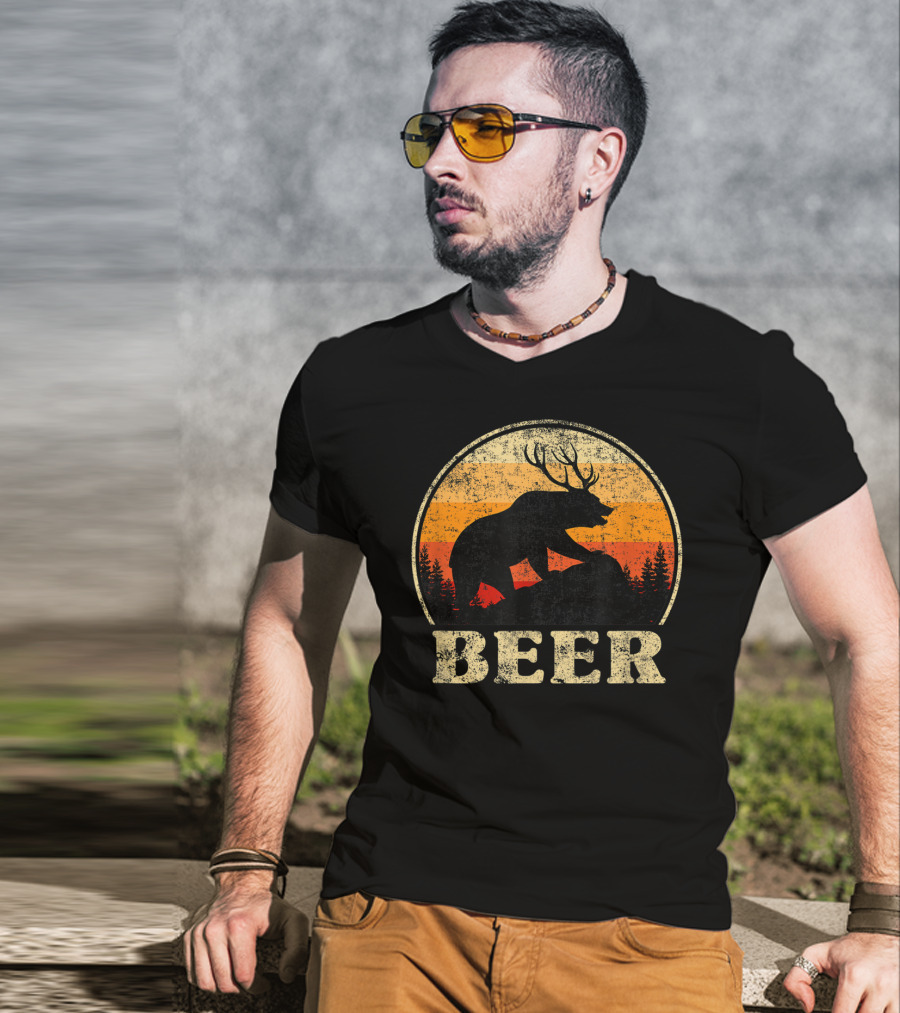 Bear Deer Beer Retro Vintage Silhouette Forest Sunset T-Shirt