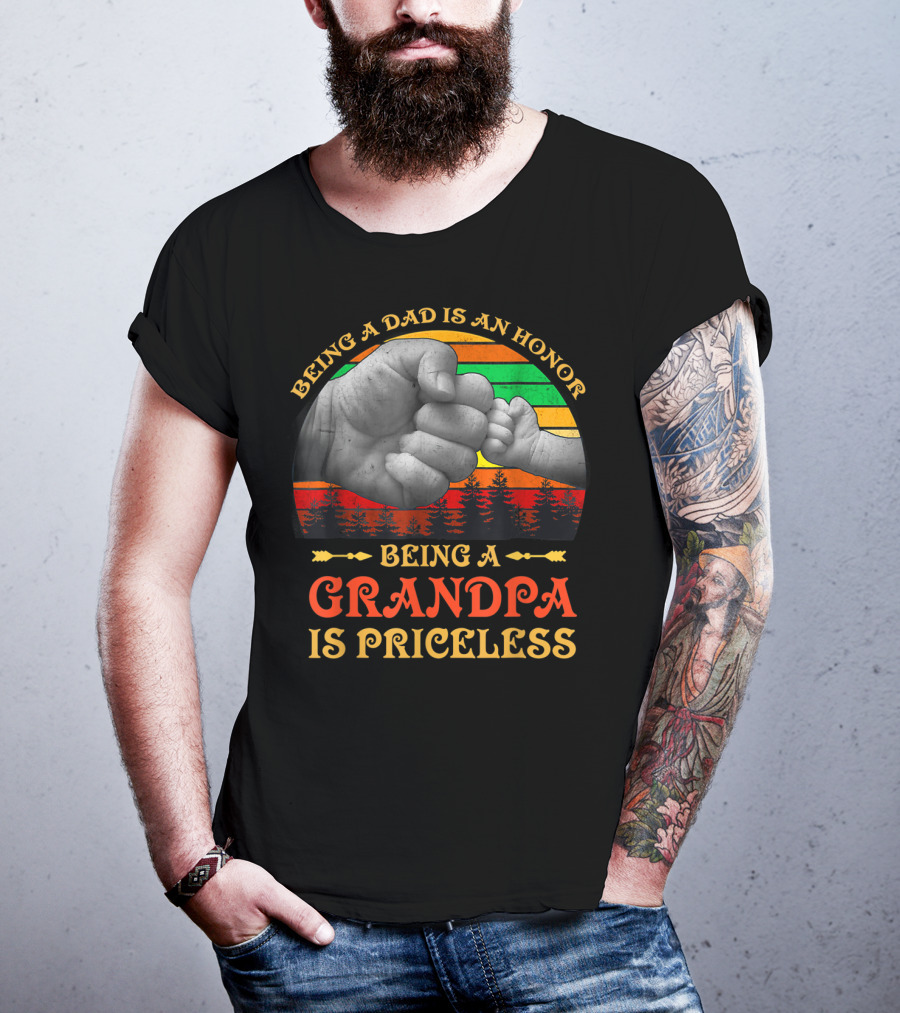 Being A Dad Is An Honor Being A Grandpa Is Priceless Fist Bump Retro Sunset T-Shirt