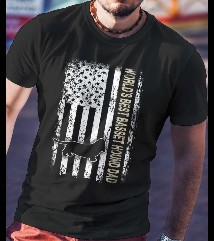 World's Best Basset Hound Dad Patriotic USA Flag T-Shirt