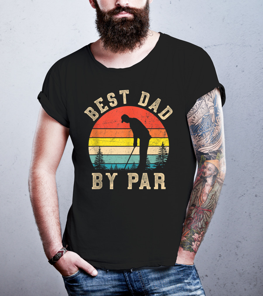 Best Dad By Par Daddy Golf Lover Golfer Retro Vintage Sunset T-Shirt