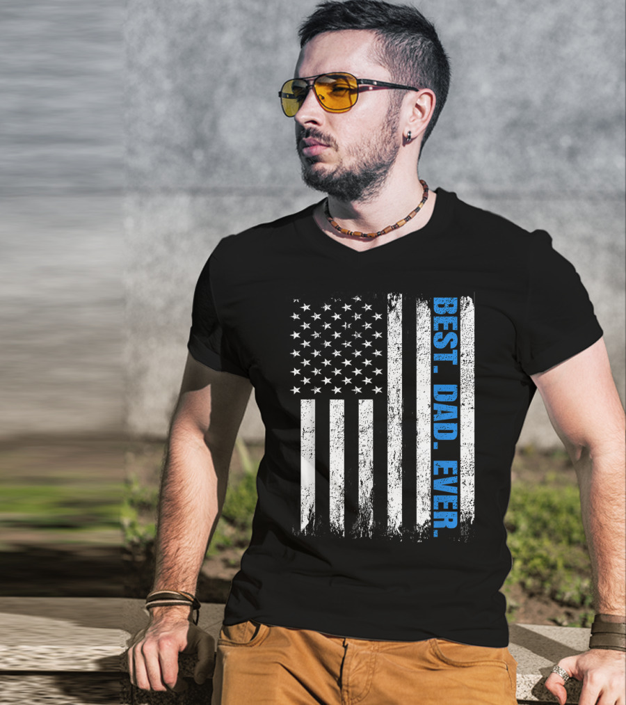 Best Dad Ever USA Flag Fathers Day Police Thin Blue Line T-Shirt