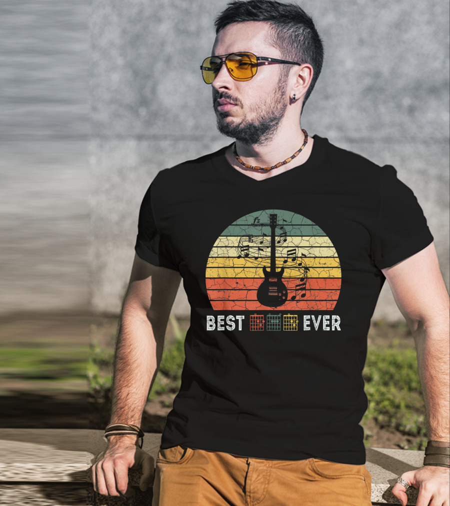 Best Guitar Dad Ever Music Vintage Father Retro Stripes T-Shirt