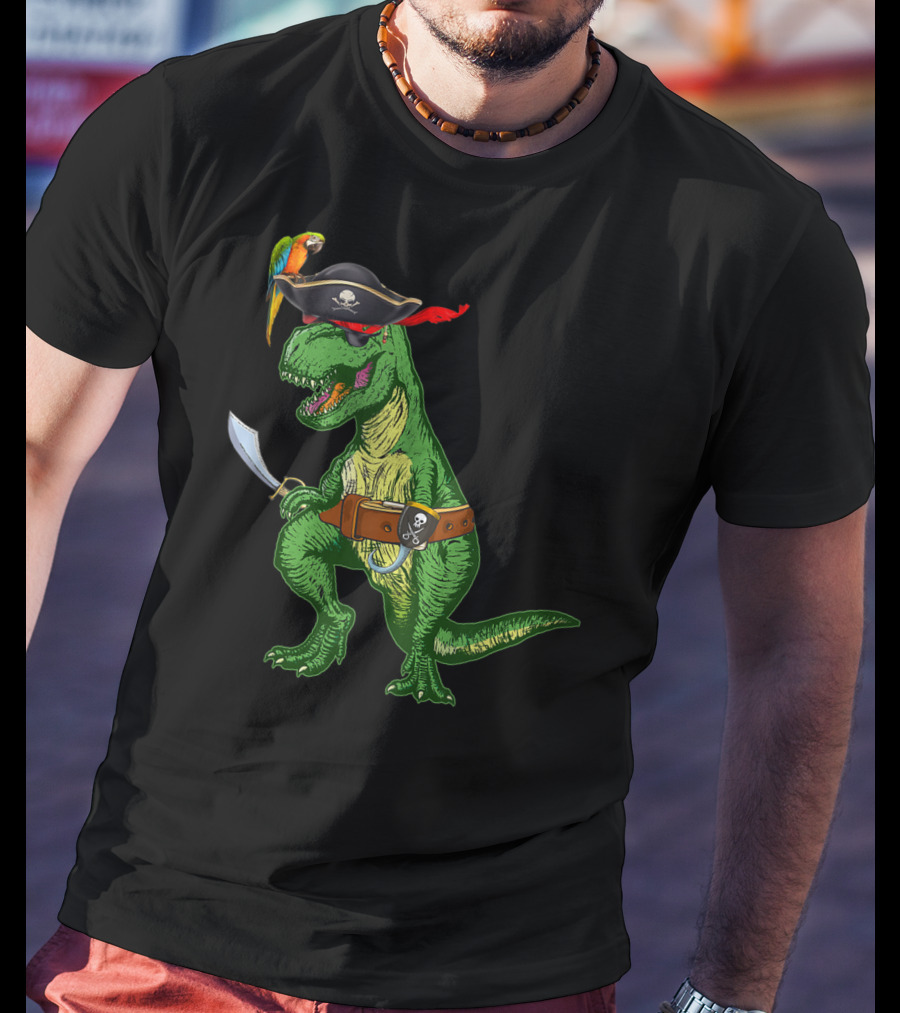 Boys Kids Dinosaur T-Rex Pirate With Parrot And Sword T-Shirt