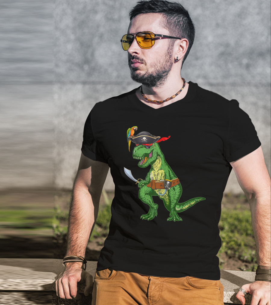 Boys Kids Dinosaur T-Rex Pirate With Parrot And Sword T-Shirt