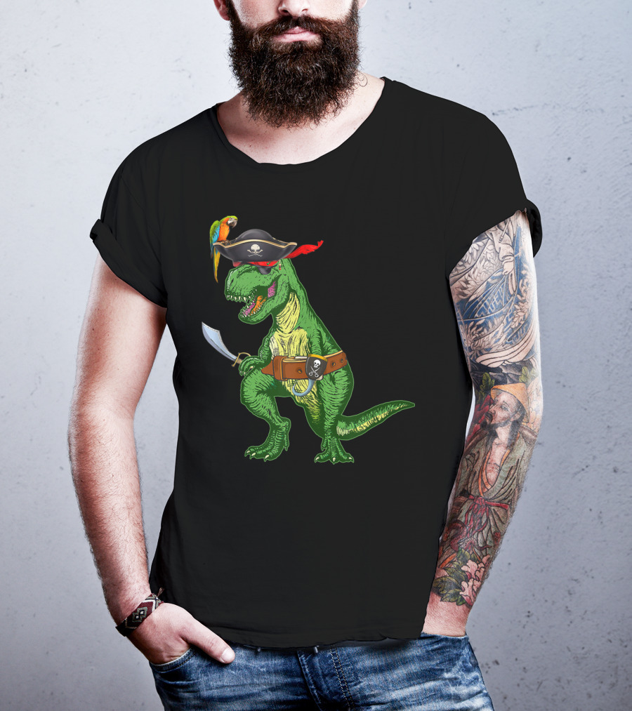 Boys Kids Dinosaur T-Rex Pirate With Parrot And Sword T-Shirt