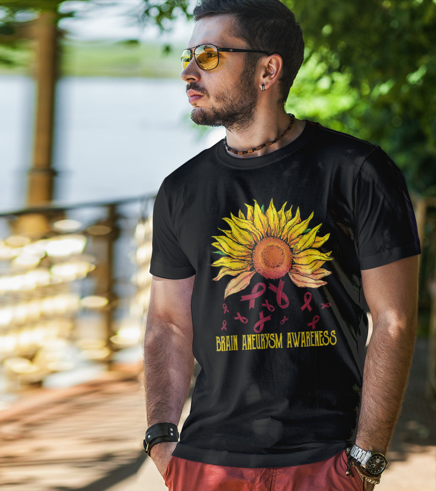 Brain Aneurysm Awareness Sunflower With Yellow Sunflower And Red Ribbons T-Shirt