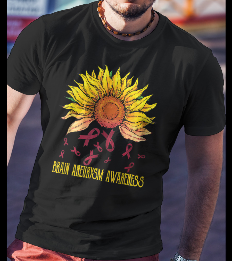 Brain Aneurysm Awareness Sunflower With Yellow Sunflower And Red Ribbons T-Shirt