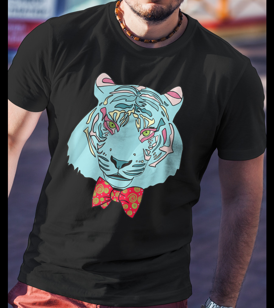 Colorful Tiger Head With Spiraled Bow Tie T-Shirt