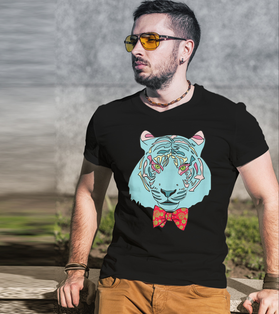 Colorful Tiger Head With Spiraled Bow Tie T-Shirt