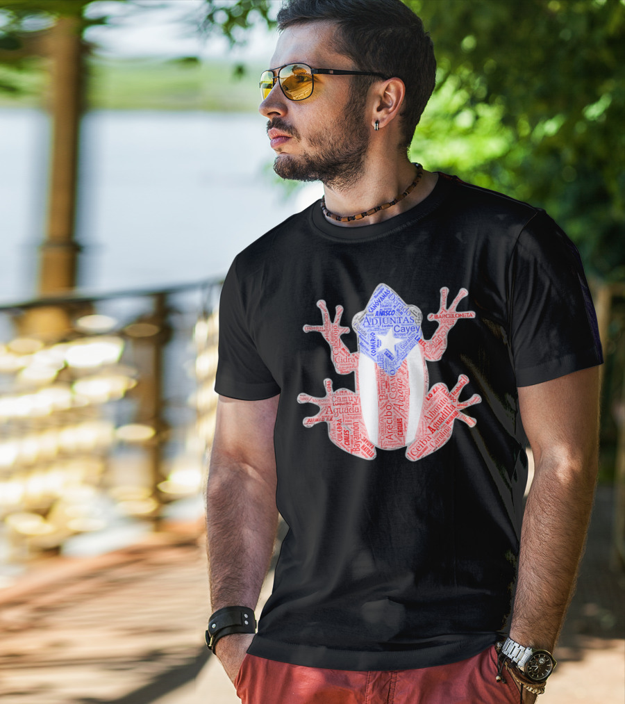 Coqui Taino Puerto Rico Cities Boricua Flag Adjuntas Aguadilla Arecibo Barceloneta Caguas Cayey Ceiba Cidra Coamo Guayama Manati Morovis Yauco T-Shirt