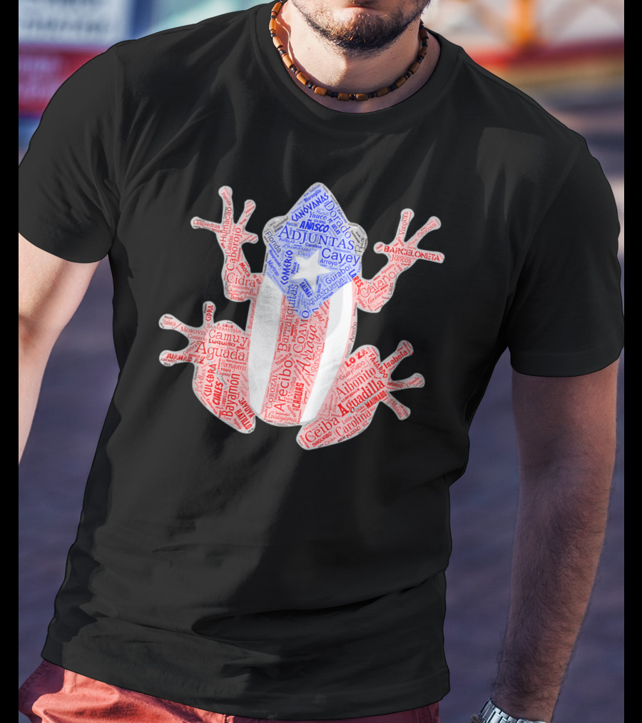 Coqui Taino Puerto Rico Cities Boricua Flag Adjuntas Aguadilla Arecibo Barceloneta Caguas Cayey Ceiba Cidra Coamo Guayama Manati Morovis Yauco T-Shirt