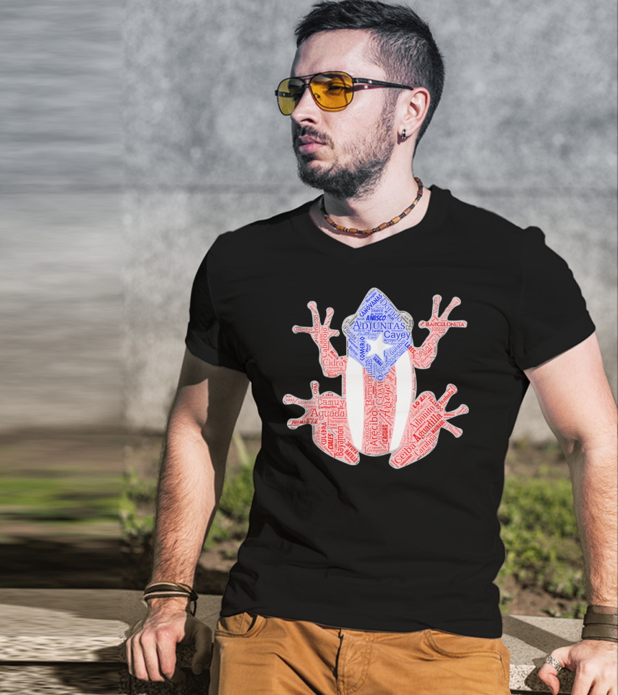 Coqui Taino Puerto Rico Cities Boricua Flag Adjuntas Aguadilla Arecibo Barceloneta Caguas Cayey Ceiba Cidra Coamo Guayama Manati Morovis Yauco T-Shirt