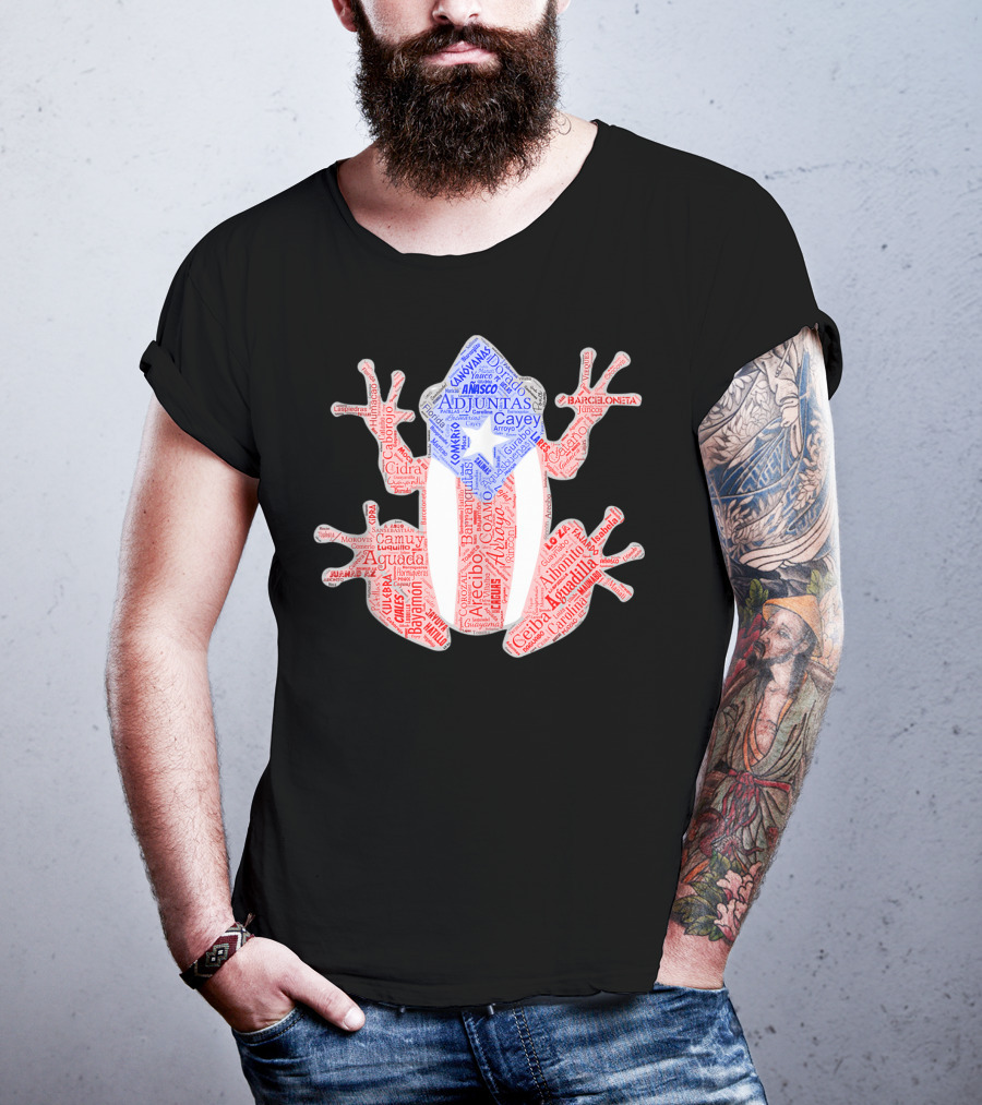 Coqui Taino Puerto Rico Cities Boricua Flag Adjuntas Aguadilla Arecibo Barceloneta Caguas Cayey Ceiba Cidra Coamo Guayama Manati Morovis Yauco T-Shirt