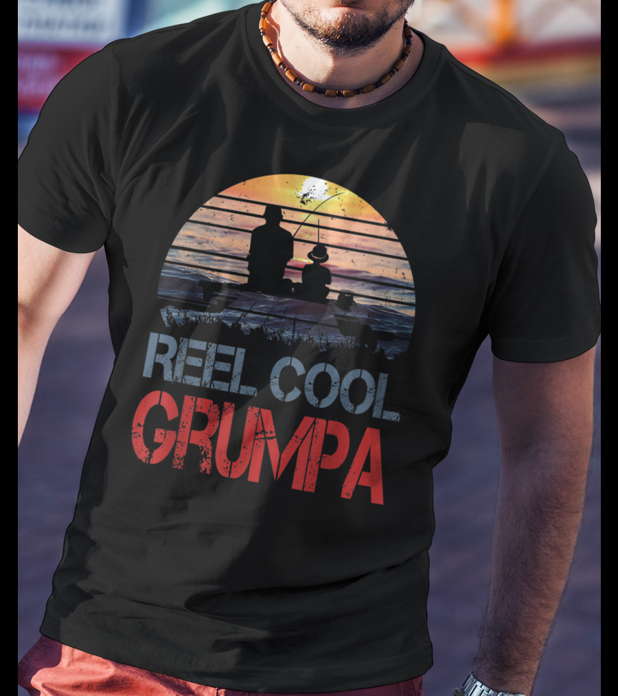 Father's Day Reel Cool Grumpa Fishing Silhouette With Sunset Background T-Shirt