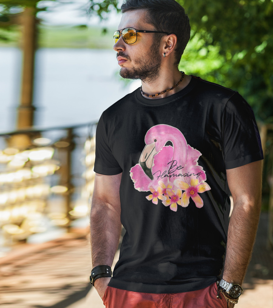 Flamingo With Hibiscus Watercolor Be Flamazing T-Shirt