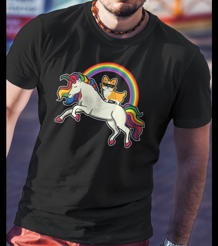 Funny Corgi Riding Rainbow Unicorn Puppy For Dog Lovers T-Shirt