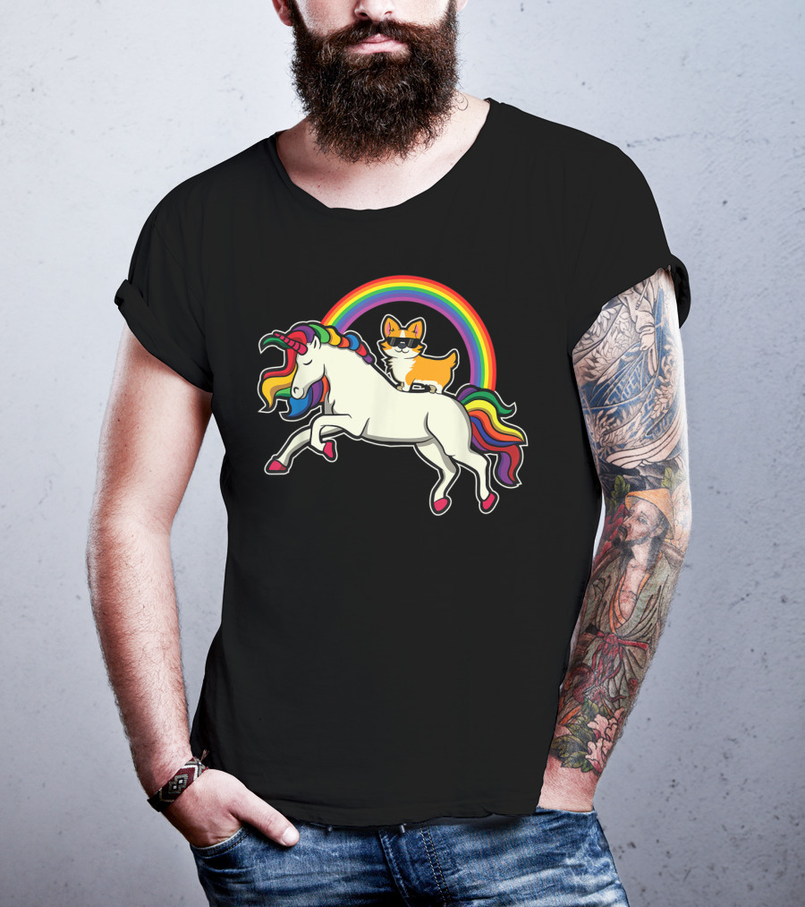 Funny Corgi Riding Rainbow Unicorn Puppy For Dog Lovers T-Shirt