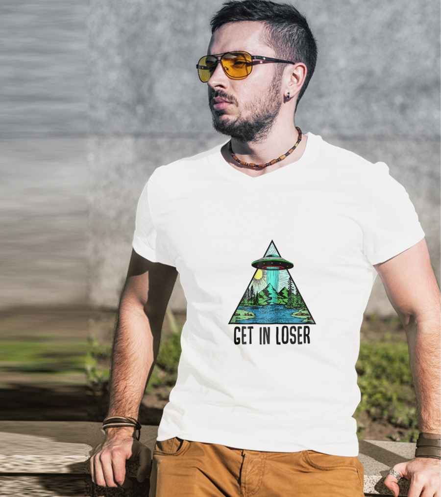 Get In Loser UFO Abduction Triangle With Forest And Lake Scene T-Shirt