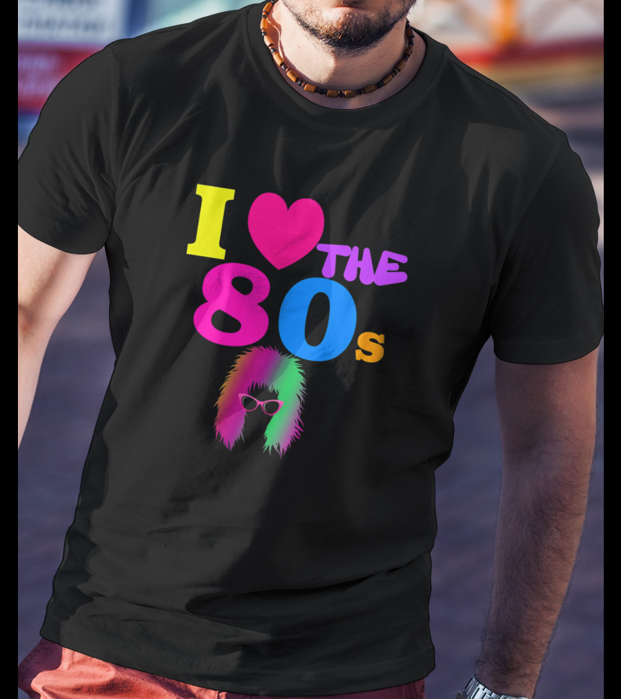 I Love The 80s Neon Heart With Punk Rocker Hair And Sunglasses T-Shirt