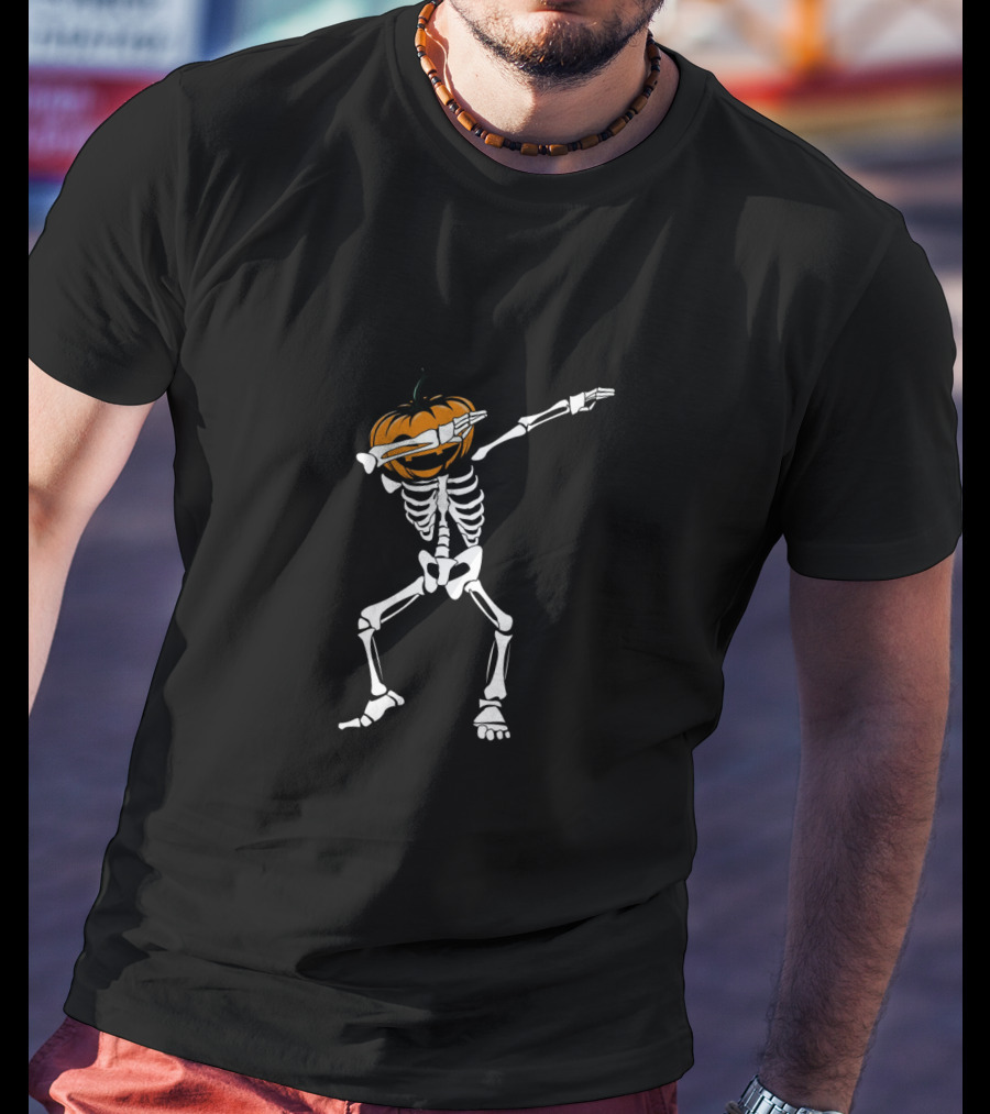 Funny Halloween Dabbing Skeleton With Pumpkin Head Dab T-Shirt