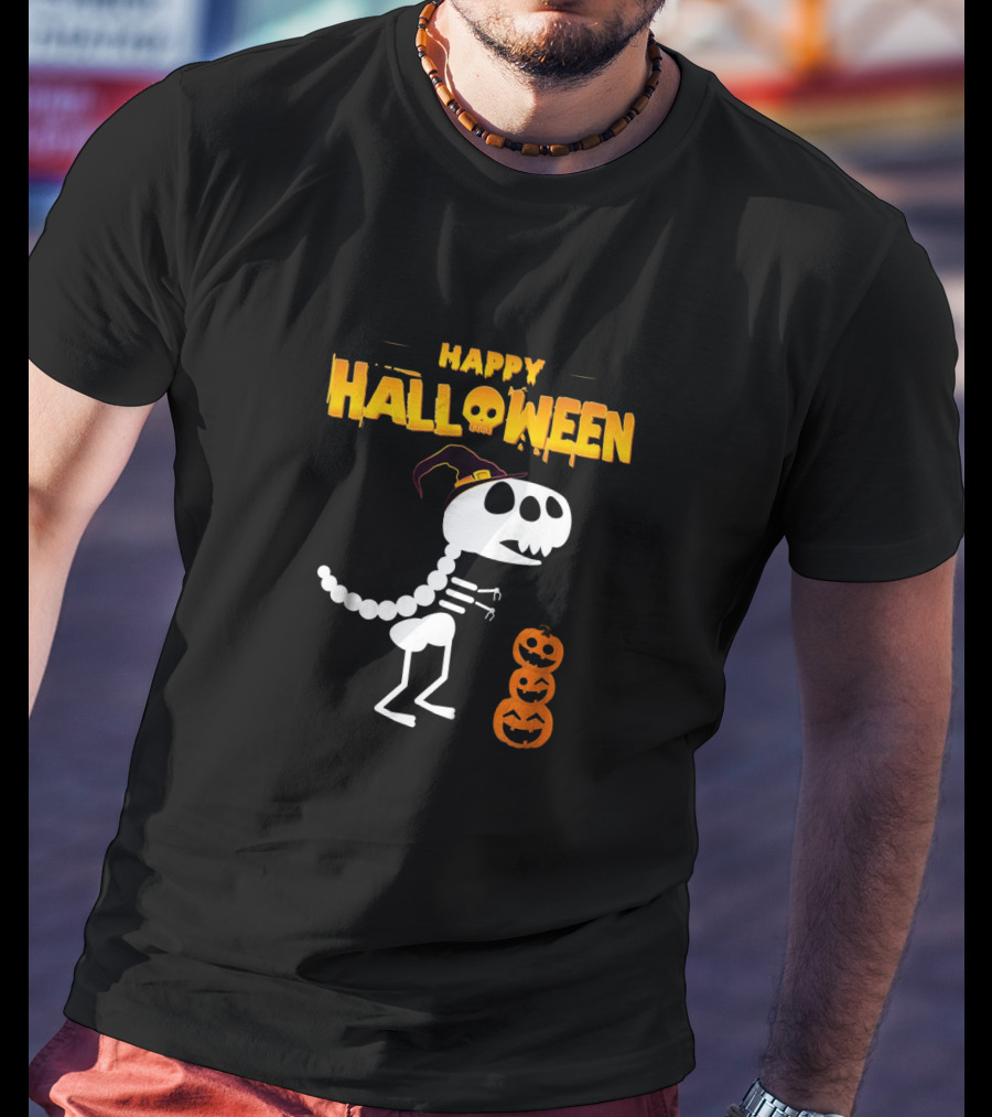 Happy Halloween Skeleton Dinosaur With Pumpkin Stack T-Shirt