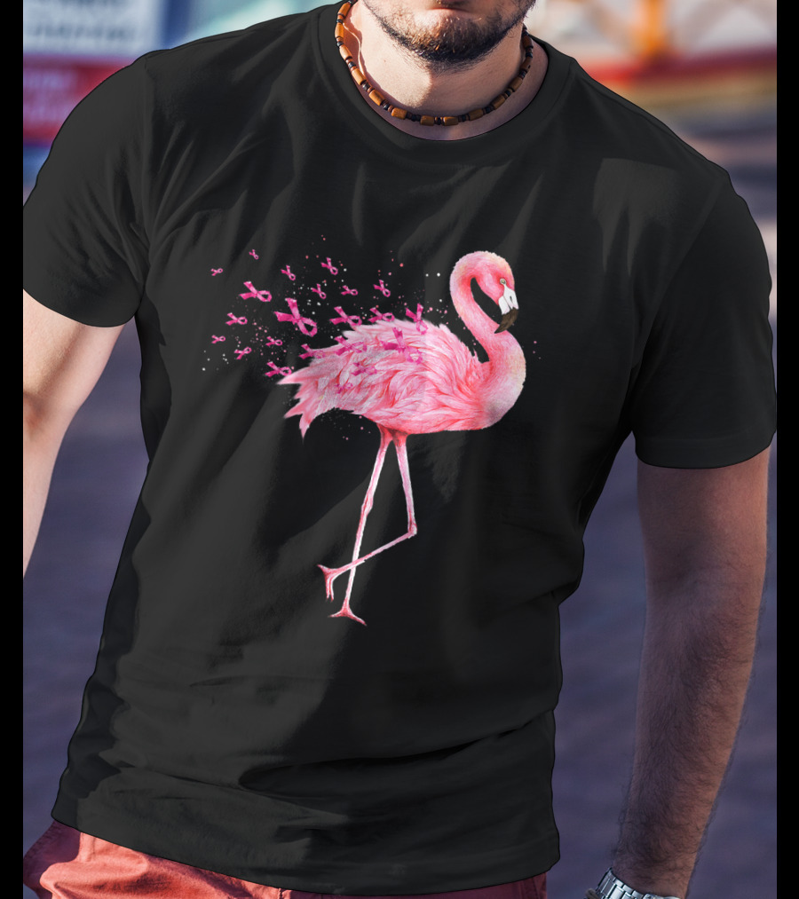 Cute Flamingo Breast Cancer Awareness Pink Ribbon T-Shirt